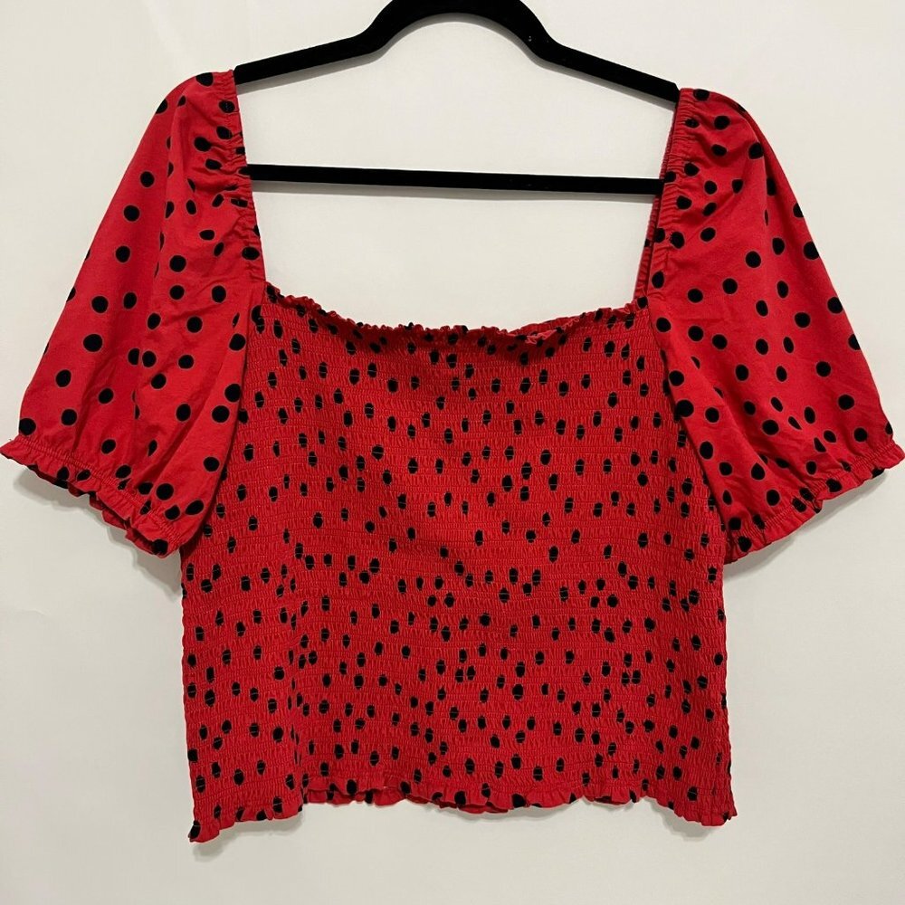 NEW ANTHROPOLOGIE DOLAN BLOUSE XL POLKA DOT SMOCK TOP RED BLACK PUFF SLEEVE NWOT - Picture 2 of 10